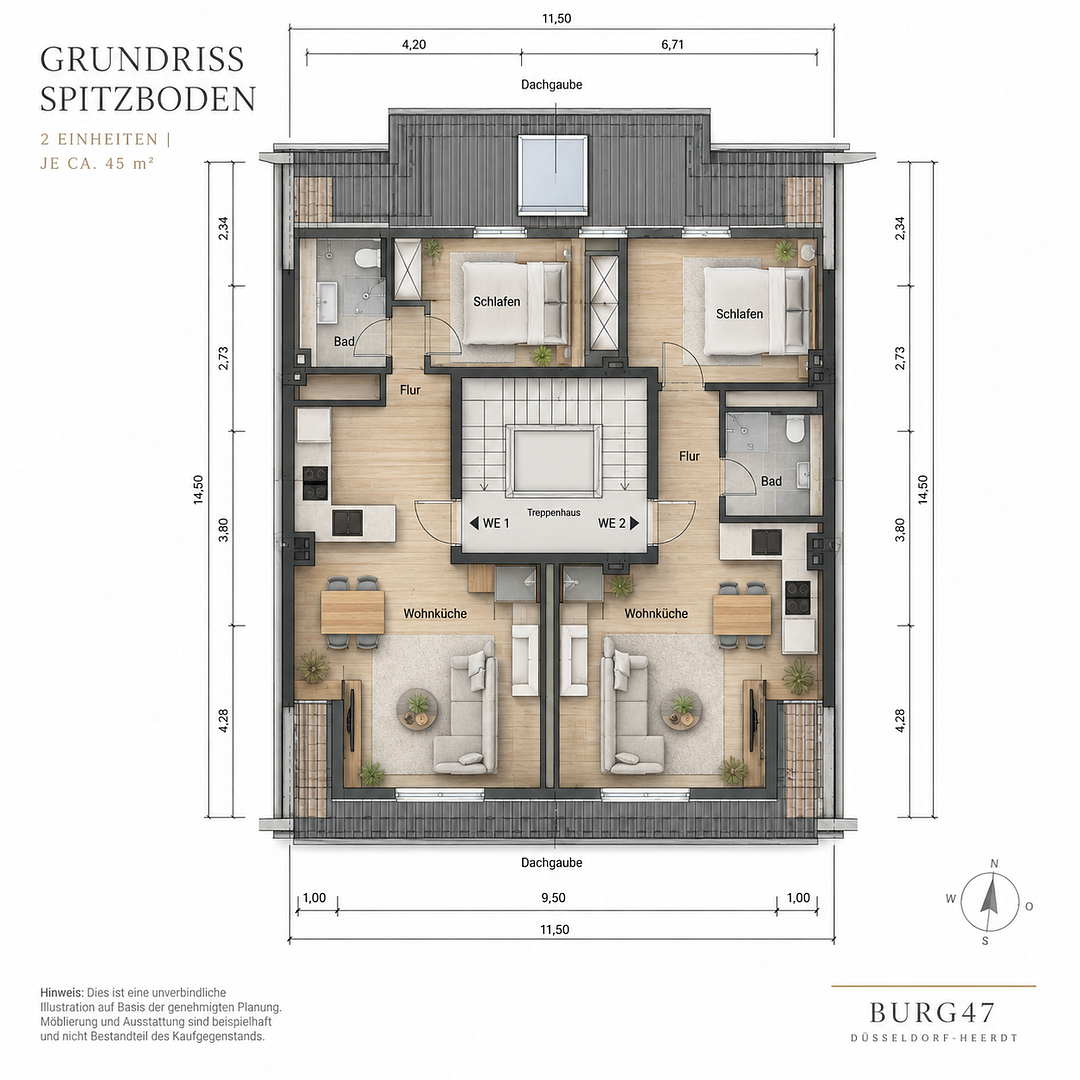 Genehmigter DG-Rohling in Düsseldorf-Heerdt – zwei Mal ca. 47 m² – jeweils nur 59.000 €